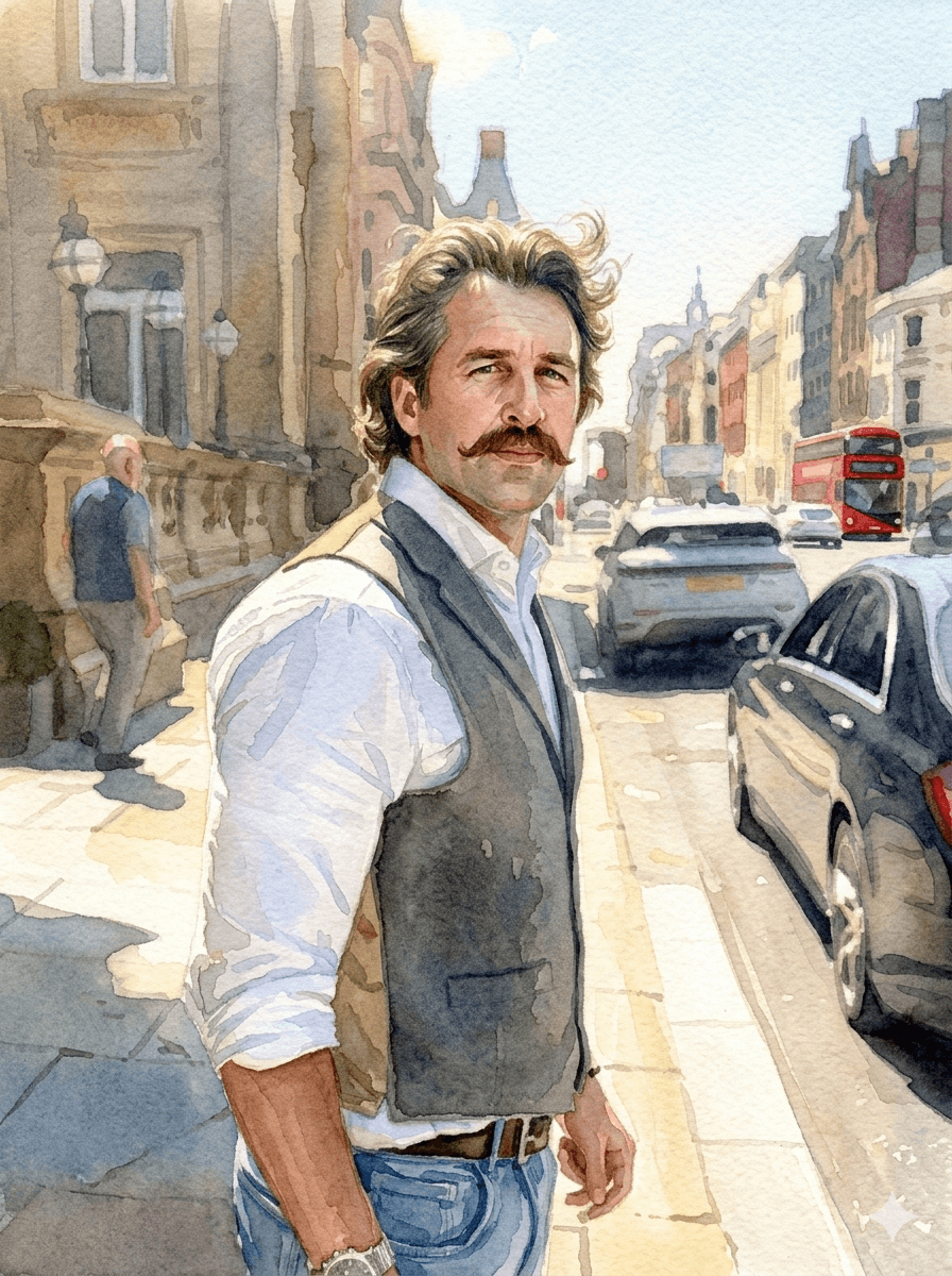 Stylish barber from Por & Ri Barbers standing confidently on a sunlit Liverpool street, wearing a waistcoat and signature moustache.